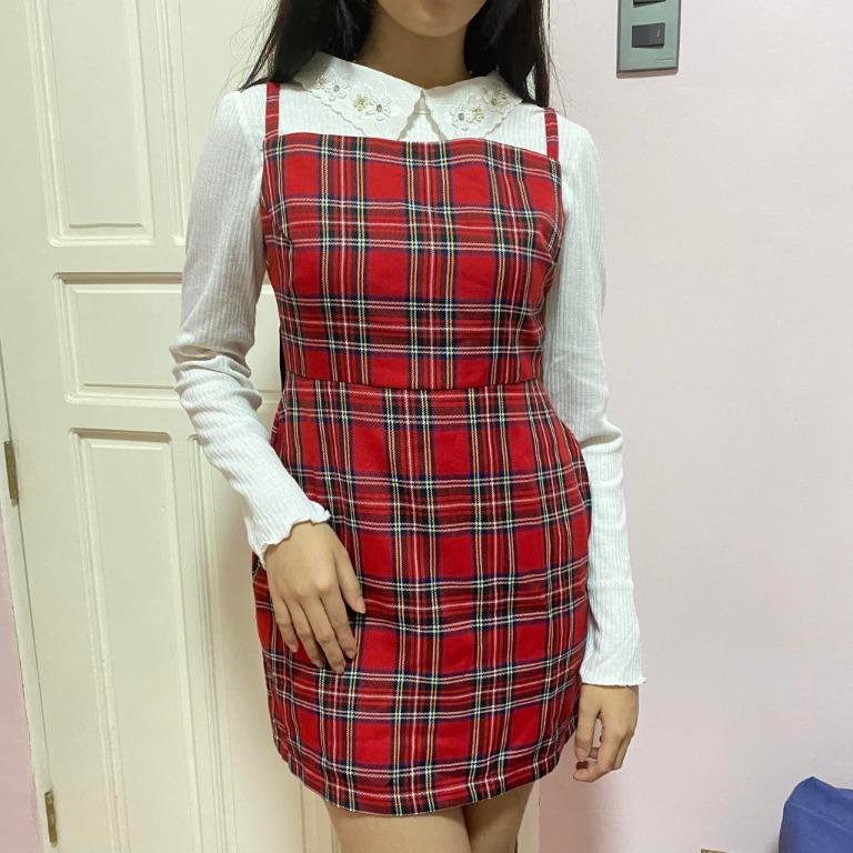 Korean Square Neck Plaid Dress Petite Women S Fashion Dresses Sets Dresses On Carousell