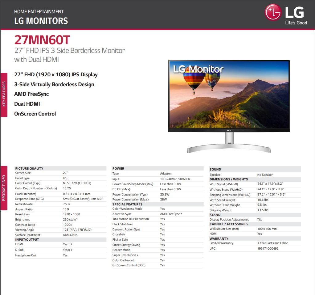 LG 27 inch Full HD IPS LED Monitor 27MN60T, Computers & Tech, Parts