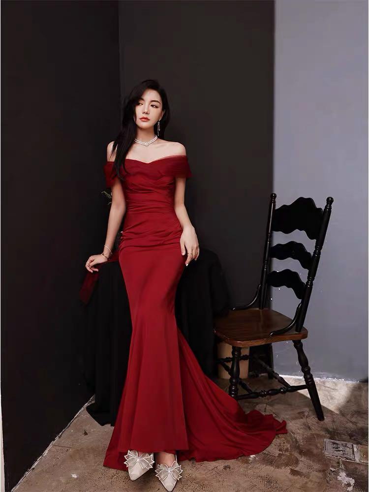 Red off clearance shoulder evening gown