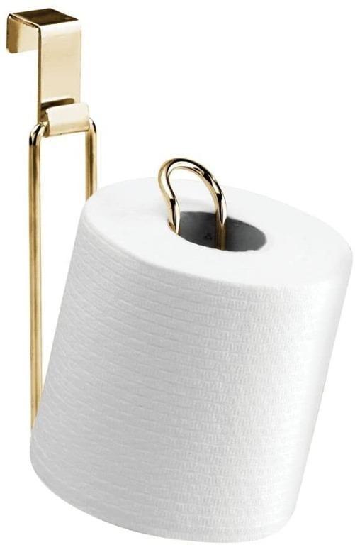 Satin Space Saving Design Holds 1 Extra Roll mDesign Metal Compact Hanging Over The Tank Toilet Tissue Paper Roll Holder and Dispenser for Bathroom Storage