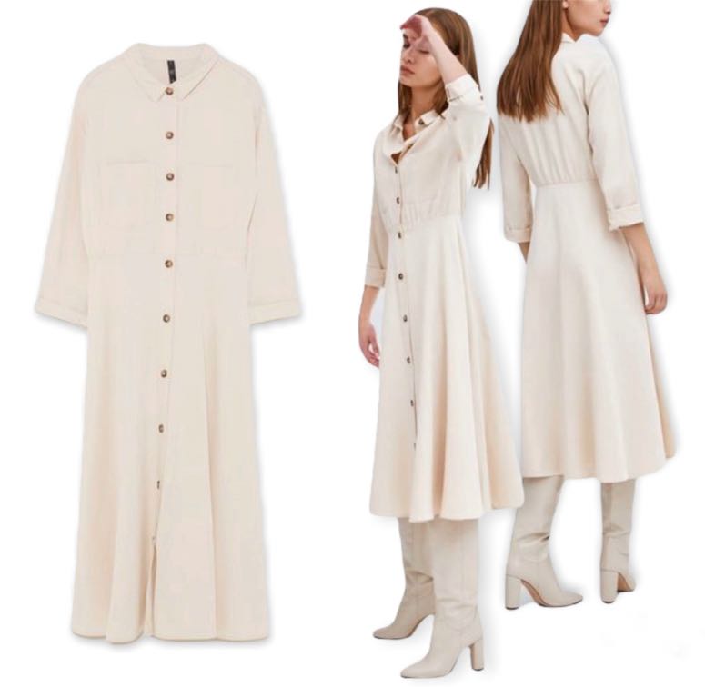 ZARA Cream Midi Shirt Dress, Women's Fashion, Dresses & Sets, Dresses