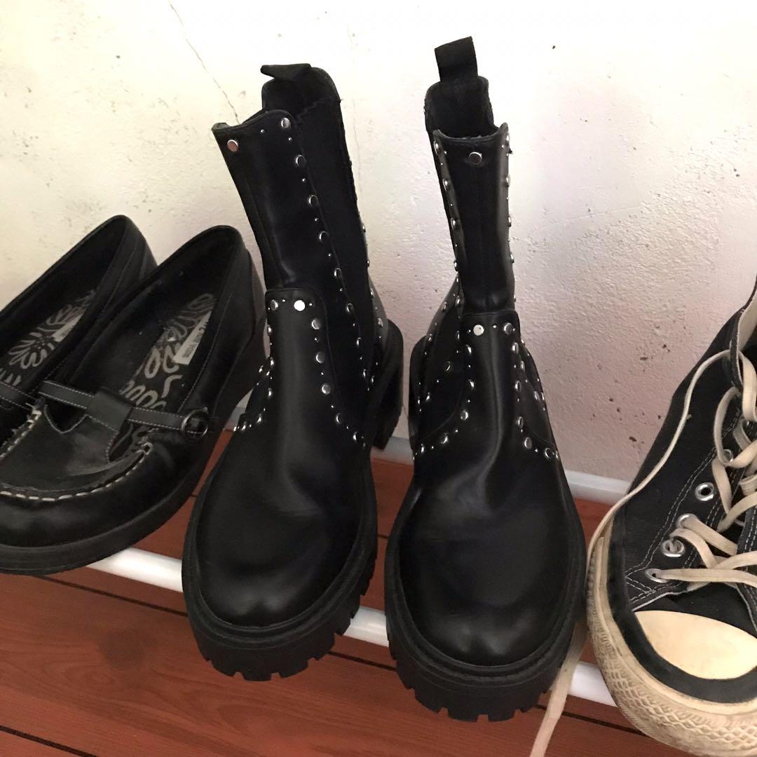 zara treaded low heel studded ankle boots