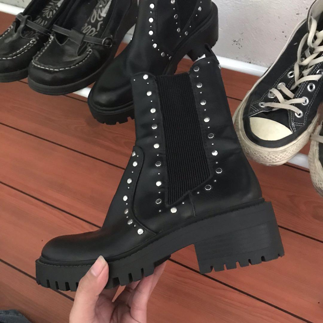 zara treaded low heel studded ankle boots