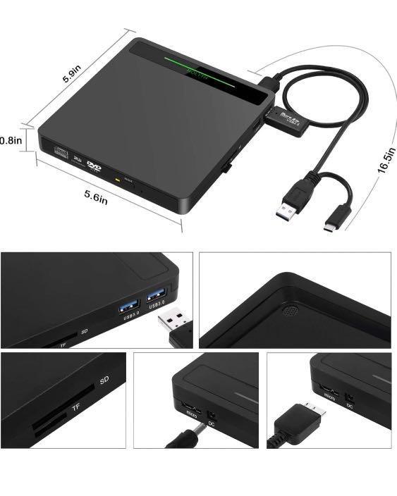054) Nolyth External DVD Drive,5 in 1 USB 3.0/TypeC Slim Portable CD