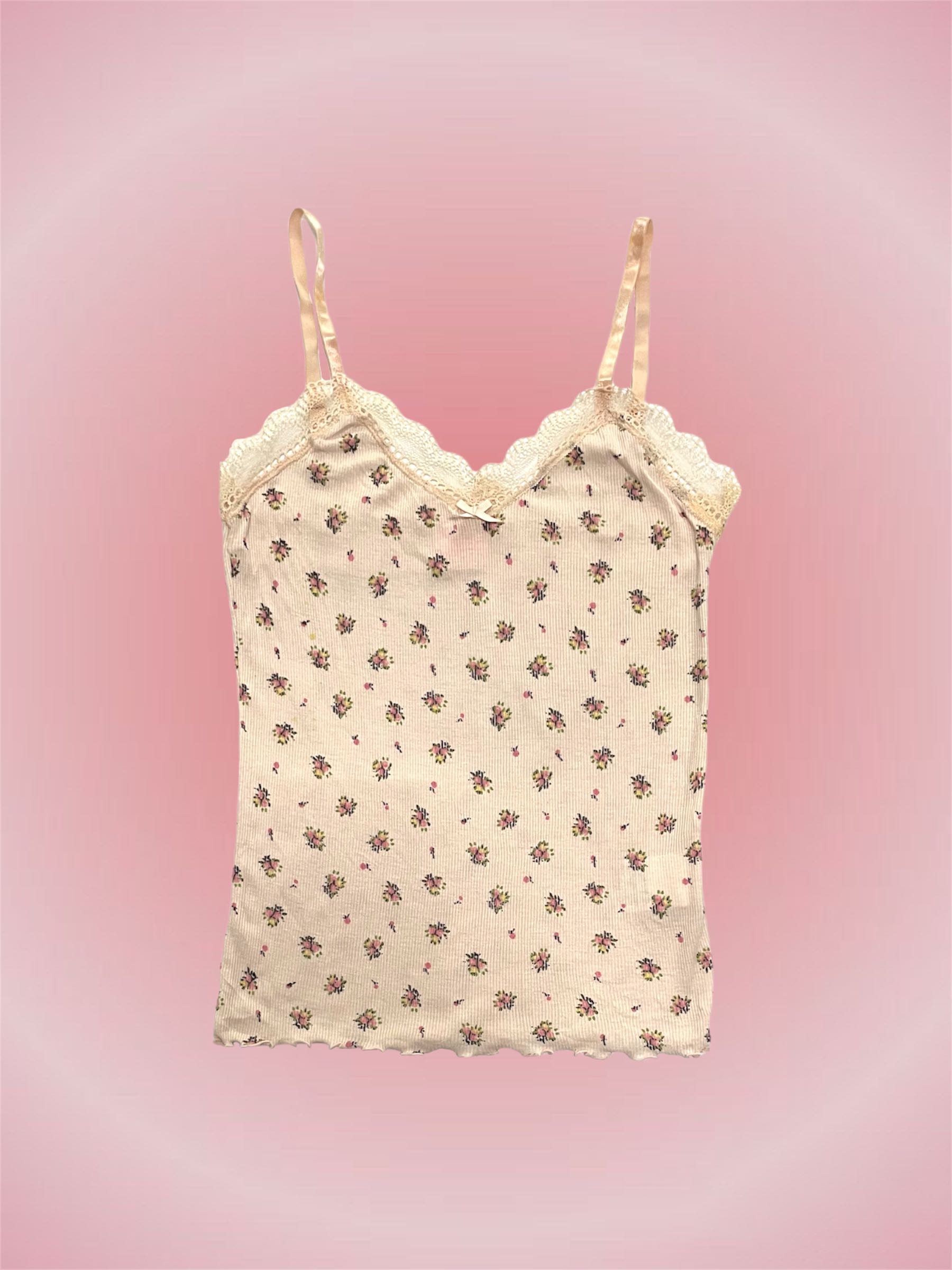 AUTHENTIC Y2K Coquette Barbie Light Pink Cami Spaghetti Tank Top with  Floral Print, Lace Trim with Mini Brow, and Lettuce Frill Detail, Women's  Fashion, Tops, Sleeveless on Carousell