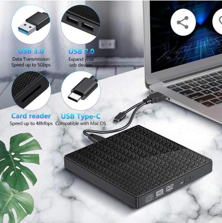 External CD DVD Drive, USB 3.0 Type C Dual Port Reader Slim Portable CD