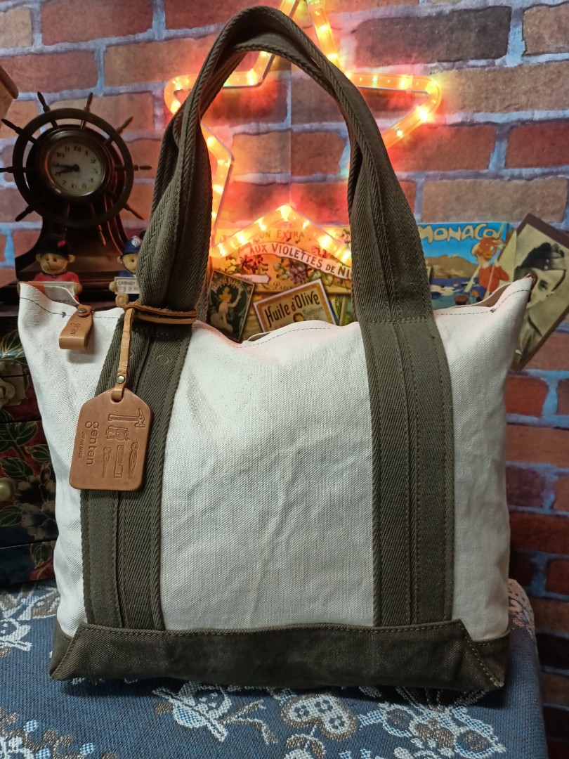 Genten canvas&leather tote shoulder bag made in japan, Women's Fashion