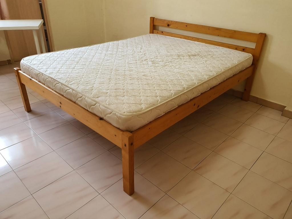 Pinewood bed frame (free mattress included) queen size, Furniture