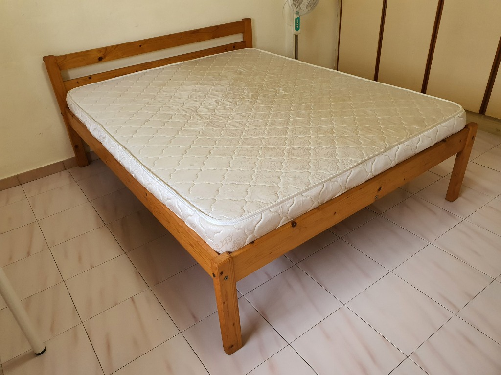 Pinewood bed frame (free mattress included) queen size, Furniture