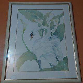 SWAN WATER COLOR PAINTING VINTAGE AND SIGNED c.1990s