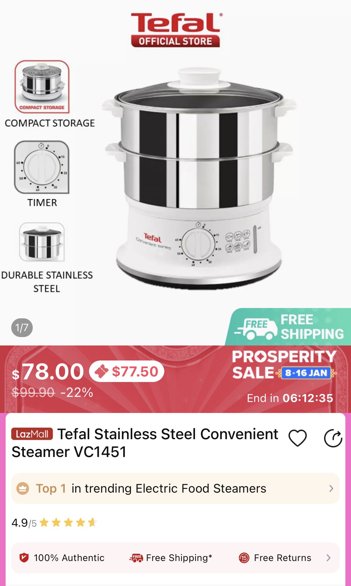 Tefal electric steamer, TV & Home Appliances, Kitchen Appliances