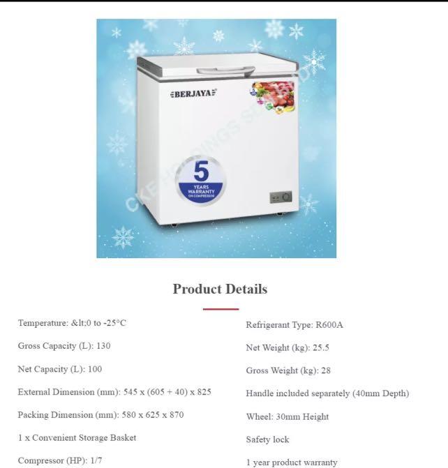 130Litre Berjaya Premium Chest Freezer, TV & Home Appliances, Kitchen