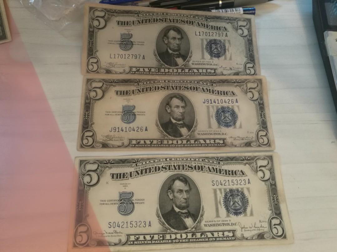 1934美元5元面值, 興趣及遊戲, 收藏品及紀念品, 錢幣- Carousell