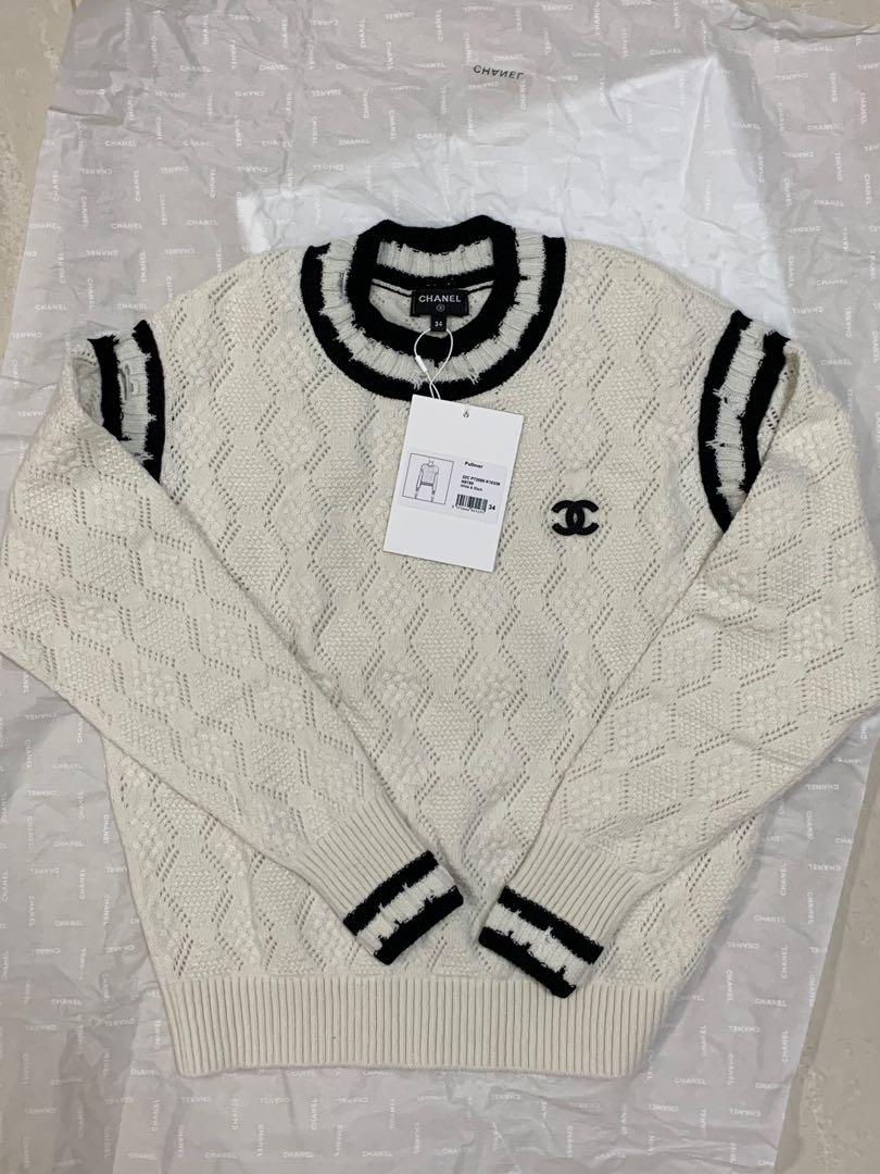 Chanel 22C White Black Trim Cashmere Pullover