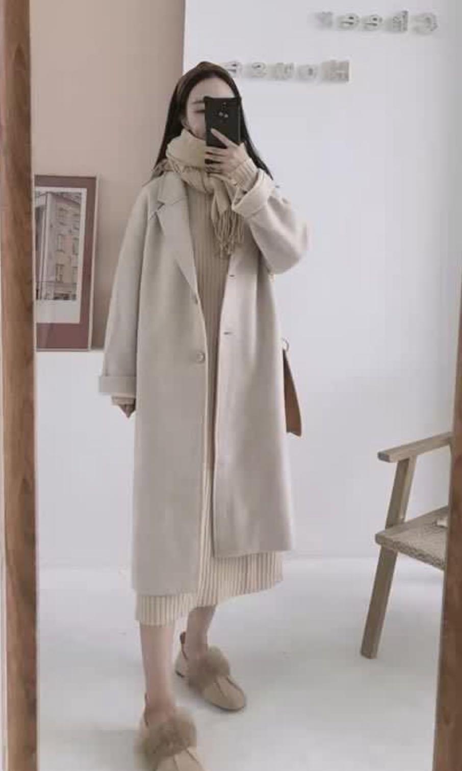 Cream Midi Wool Coat, Women's Fashion 
