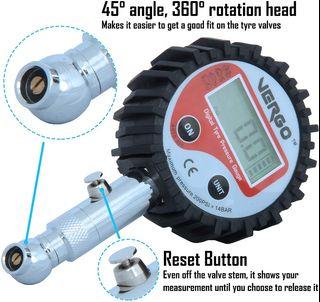 VERGO Digital Tyre Pressure Gauge 2.5 inch diameter head - Multiple Units- 0-14 Bar/0-200 PSI-Backlit LCD display-Adjustable Swivel