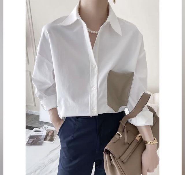 shirt with taupe faux leather pocket 