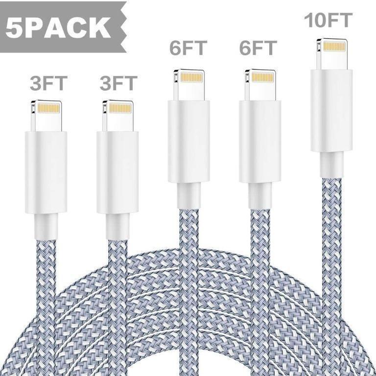 Black&White Extra Long Nylon Braided Charging&Syncing Cord Compatible with iPhone Xs/XR/XS Max/X/7/7Plus/8/8Plus/6S/6SPlus/5/5s/5c iPhone Charger,MFi Certified Lightning Cable,3 Pack 3/6/10FT