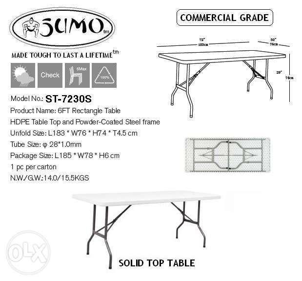 SUMO ST-7230S 6FT. Solid Top Rectangular Folding Plastic Table 72 x 30 (White) (Category: Tables & Sets) located in Quezon City. Submitted by costuless_qc_branch (Listing ID 1137991650, Image 2). Description: Item Code: ST-7230S SALE PRICE: ₱3,299.00 Note: Price may change without prior notice. Sumo Rectangular 6FT, Solid top table with Folding steel legs 72 x 30" ♡ Color: White ♡ Material: Plastic ♡ Commercial Grade 6-8 seater capacity ♡ Size(cm