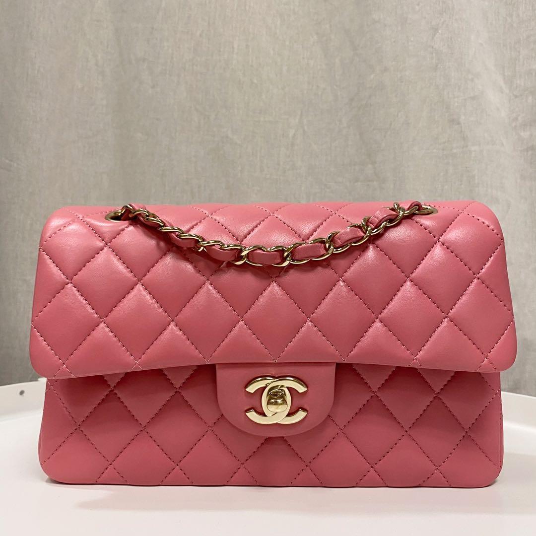 Authentic Chanel 21A Pink Small Classic Flap bag in Lambskin and Light Gold  Hardware