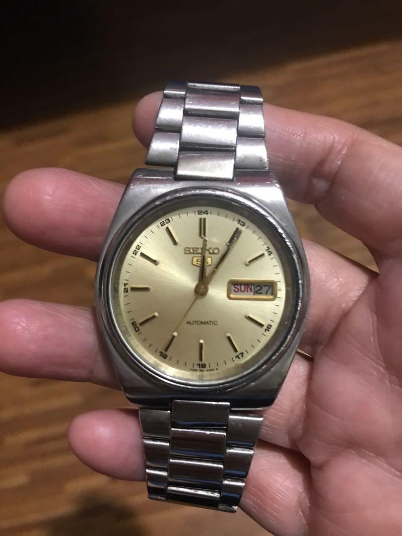 Authentic Seiko 5 Automatic Mens Watch (Category: Men's Watches) located in Manila. Submitted by roseluxuryitems (Listing ID 1138206930, Image 2). Description: Authentic Seiko 5 Automatic Mens Watch Good working condition 7S26 3160 Stainless steel Japan made .