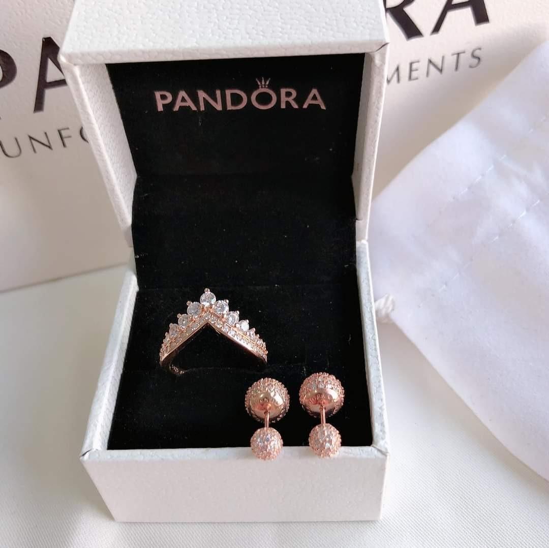 BIG SALE AUTHENTIC PANDORA ROSEGOLD PRINCESS TIARA RING AND DOUBLD SPARKLING EARRINGS SET Women s Fashion Jewelry Organizers Rings on Carousell