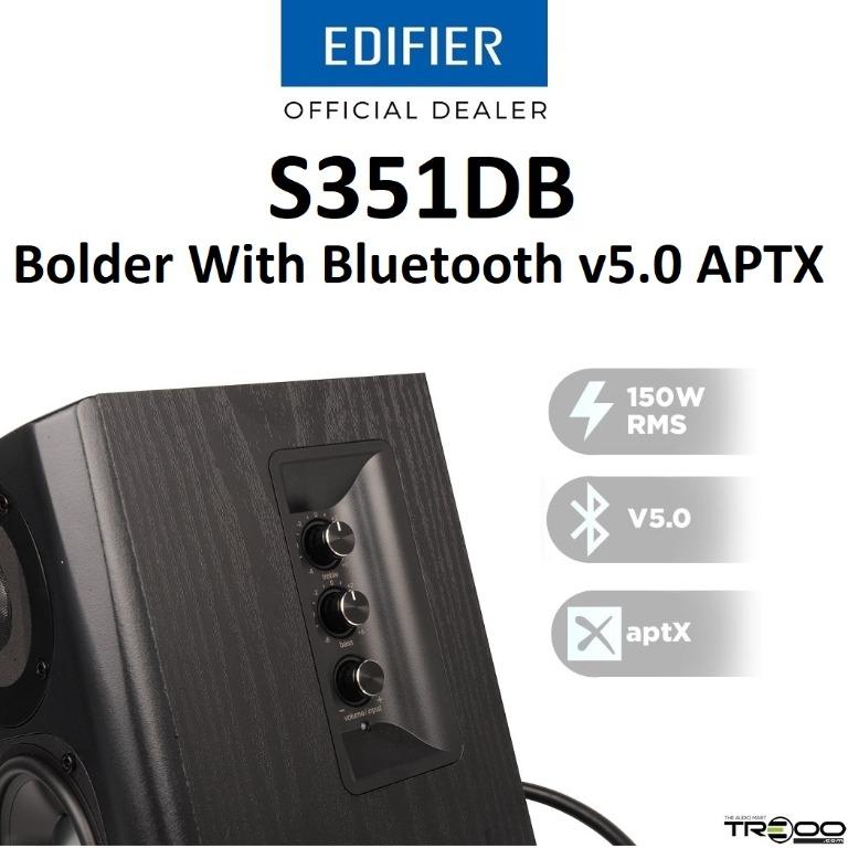 [Discontinued]($15 Cashback!) Edifier S351DB Wireless Bluetooth 2.1 Bookshelf Speaker System (Category: Soundbars, Speakers & Amplifiers) located in Singapore. Submitted by treoo (Listing ID 1138170690, Image 4). Description: [*No stocks, EOL. out of production, not available*] [Promotion valid 1st Apr ~ 30th Apr 2025; or while stocks last!] ☆ Demo available for audition at our showroom! ☆ ★ Bluetooth v5.0 ★ Qualcomm aptX ★ 150W RMS total power ★