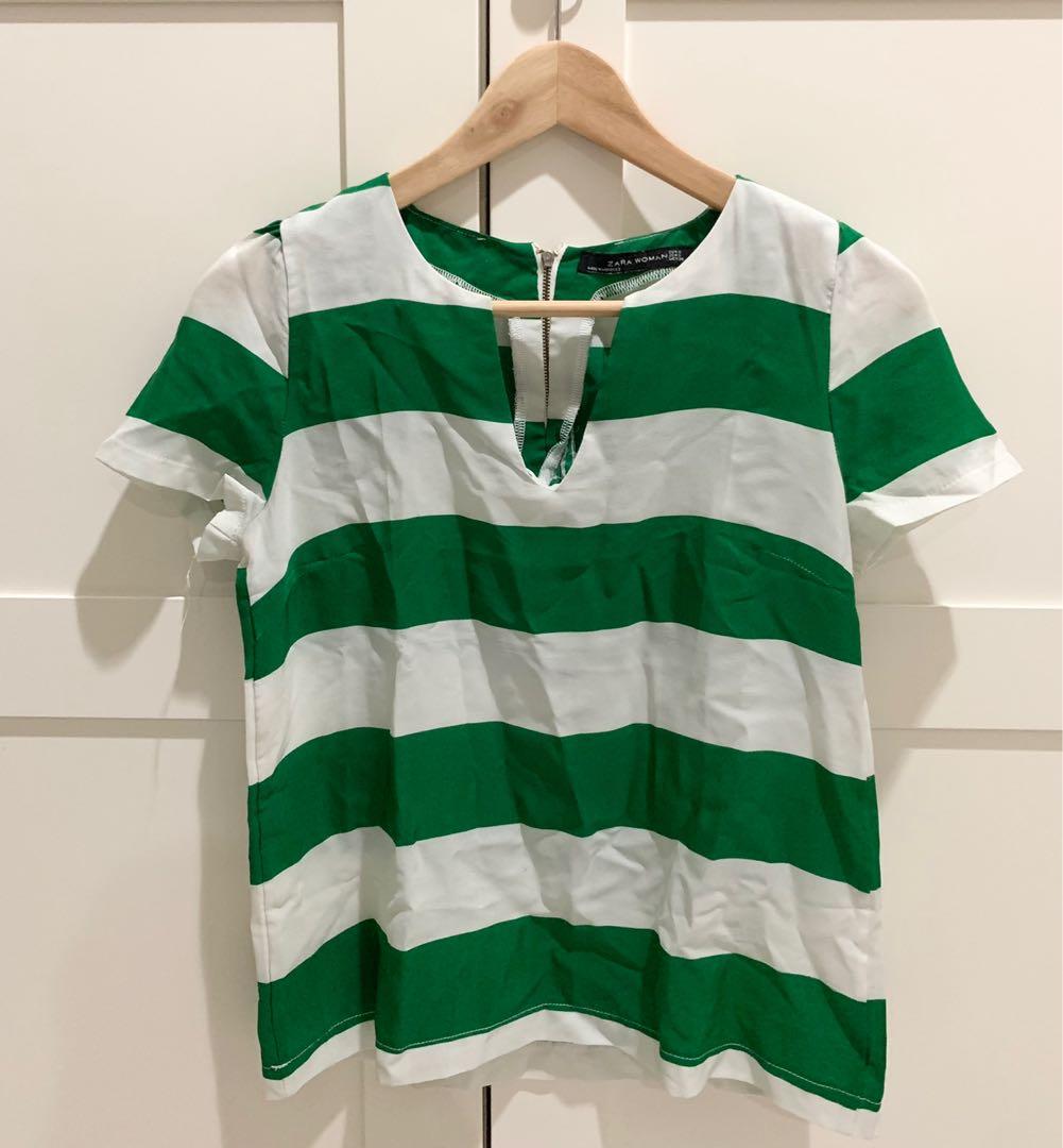 Green Stripes Top | Zara Women, Fesyen 