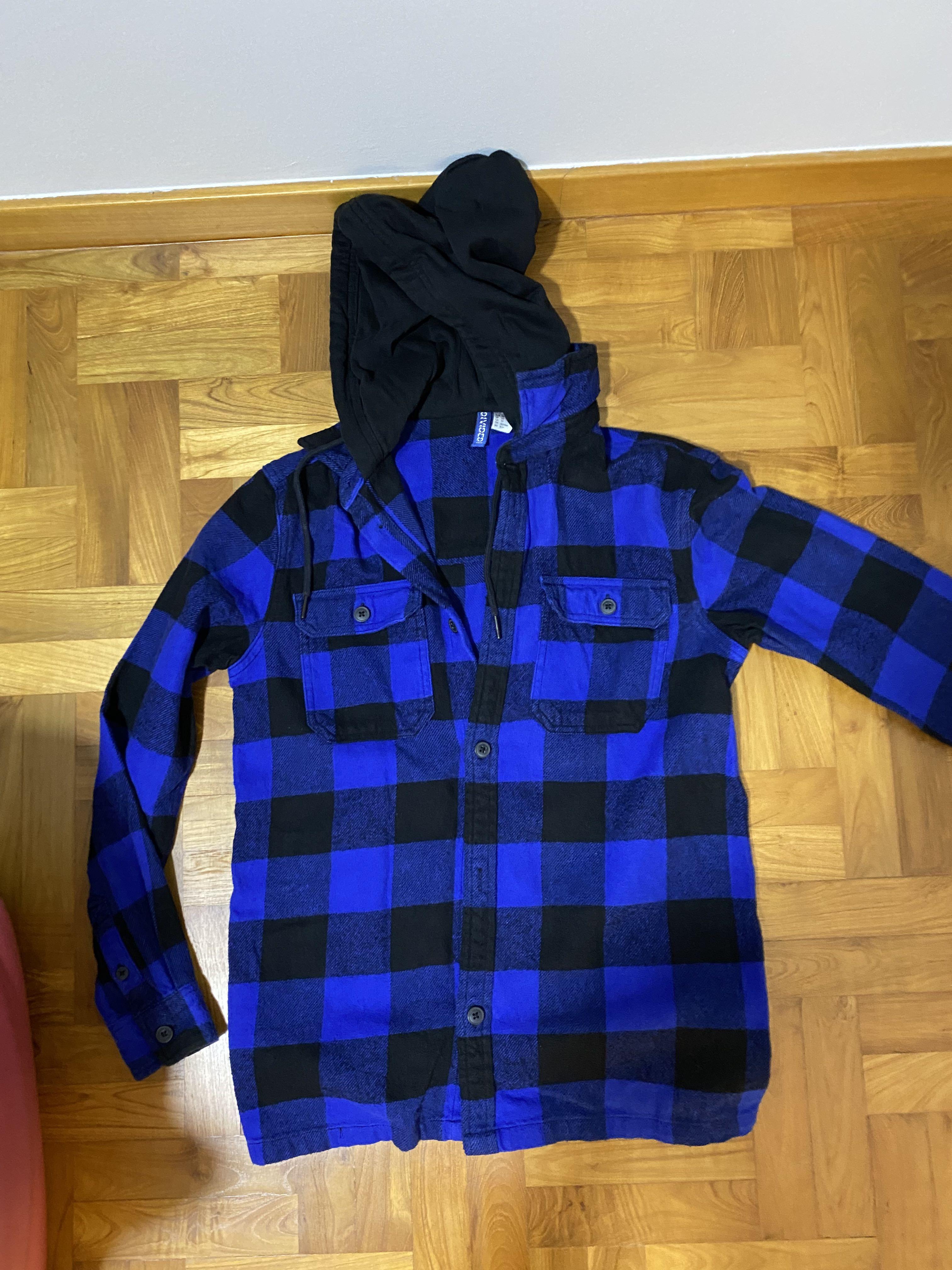 H M Divided Blue Checkered Plaid Black Button down Hoodie Jacket