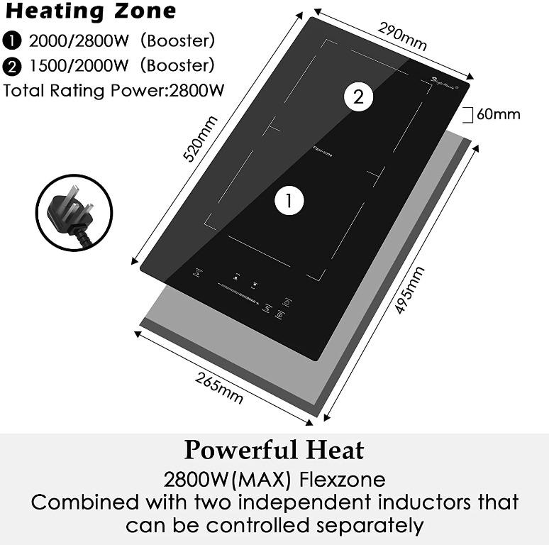 Induction Hob, Plug in Electric Cooktop 2800W 13Amp, Flex Zone for BBQ