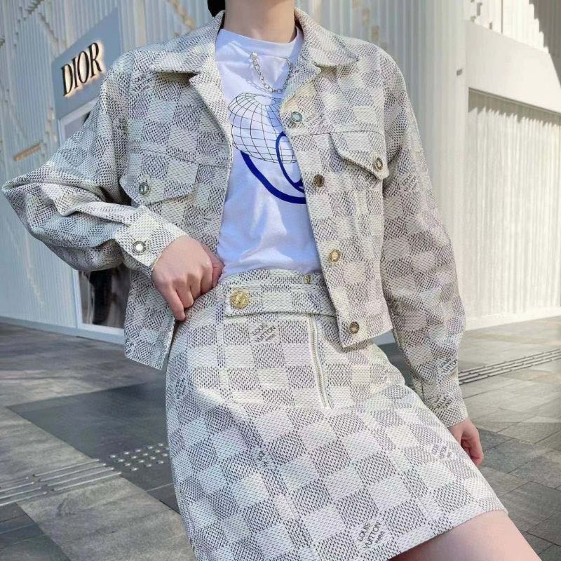 Louis Vuitton white damier skirt and jacket preorder, Luxury, Apparel
