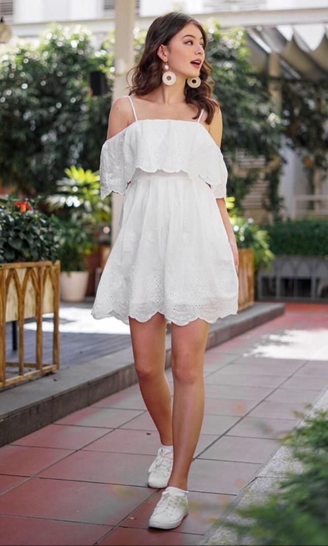 Lovet Jovie Drop shoulder eyelet dress (white), Women's Fashion, Dresses u0026  Sets, Dresses on Carousell