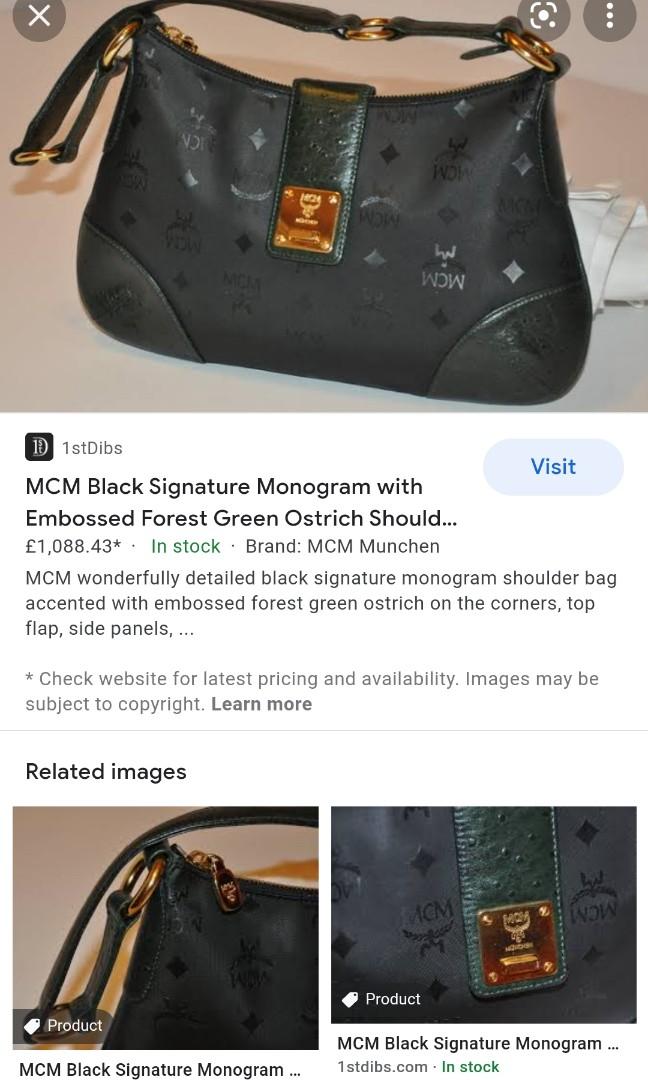 Mcm Black Signature Monogram with Embossed Forest Green Ostrich Shoulder Bag