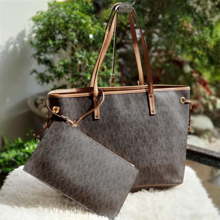 Michael Kors Jet Set Travel in Signature Coated Monogram Large Drawstring  Tote Bag with Pouch - Brown, Luxury, Bags & Wallets on Carousell