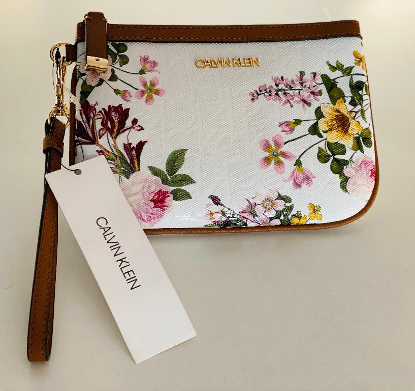 NEW CALVIN KLEIN CK WHITE FLORAL CLUTCH WALLET BAG WRISTLET 58