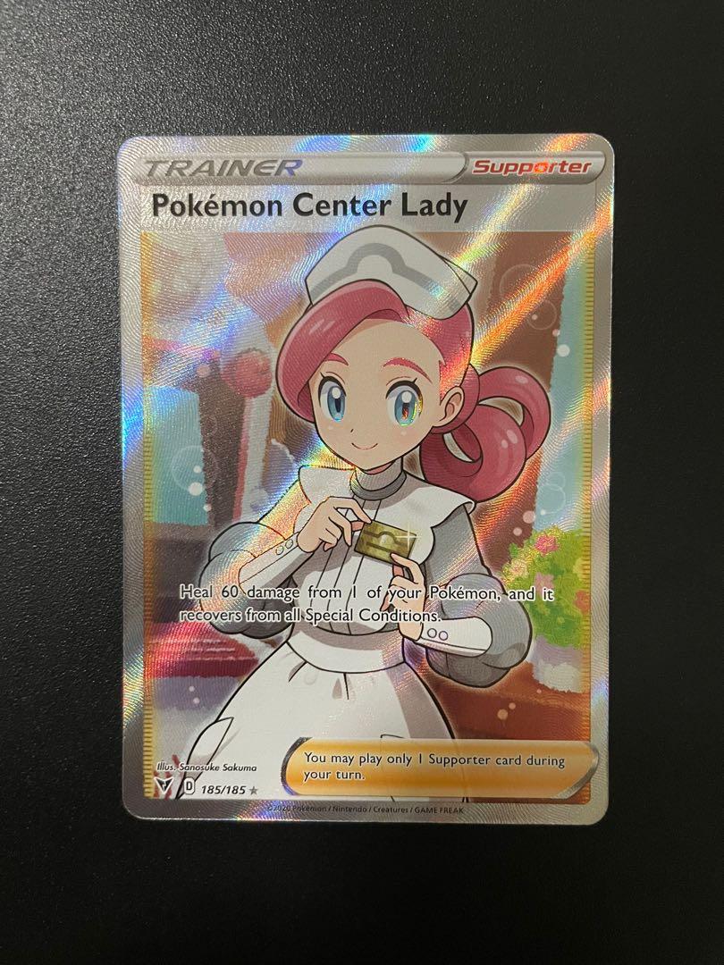 Pokemon TCG Pokemon Center Lady - 185/185 - Full Art Ultra Rare Sword &  Shield: Vivid Voltage Pokemon card, Hobbies & Toys, Toys & Games on  Carousell