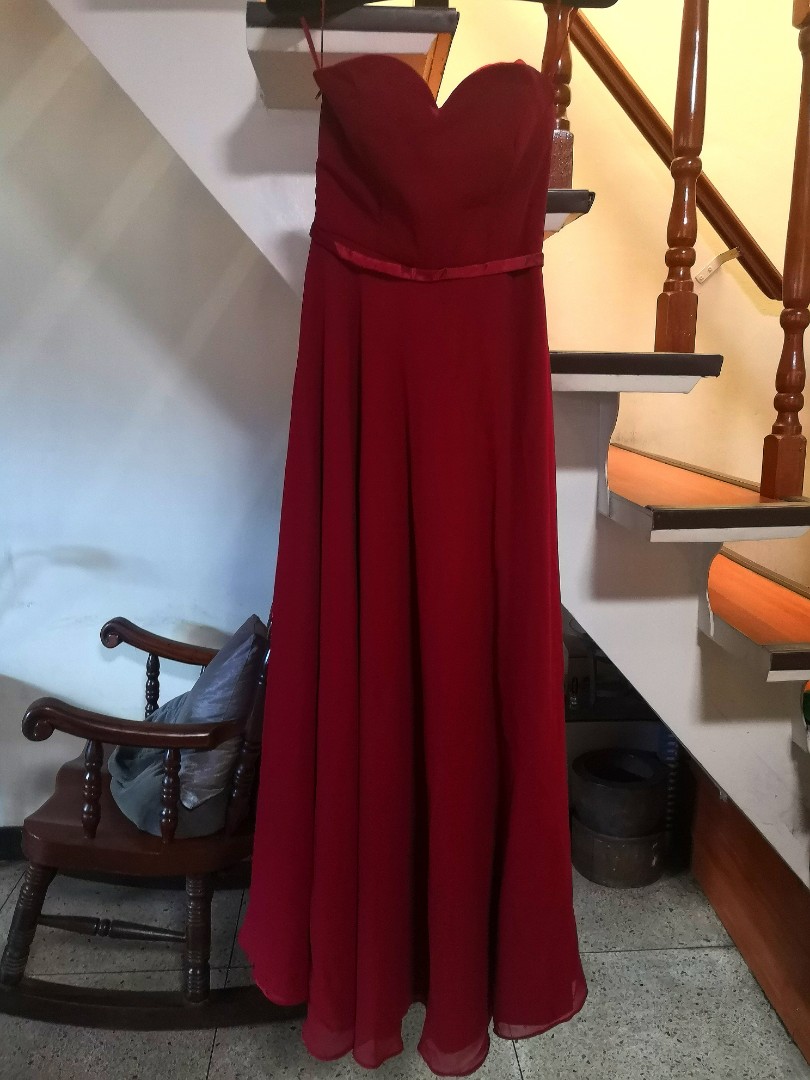 Red wine strapless long gown, Women's Fashion, Dresses & Sets, Evening