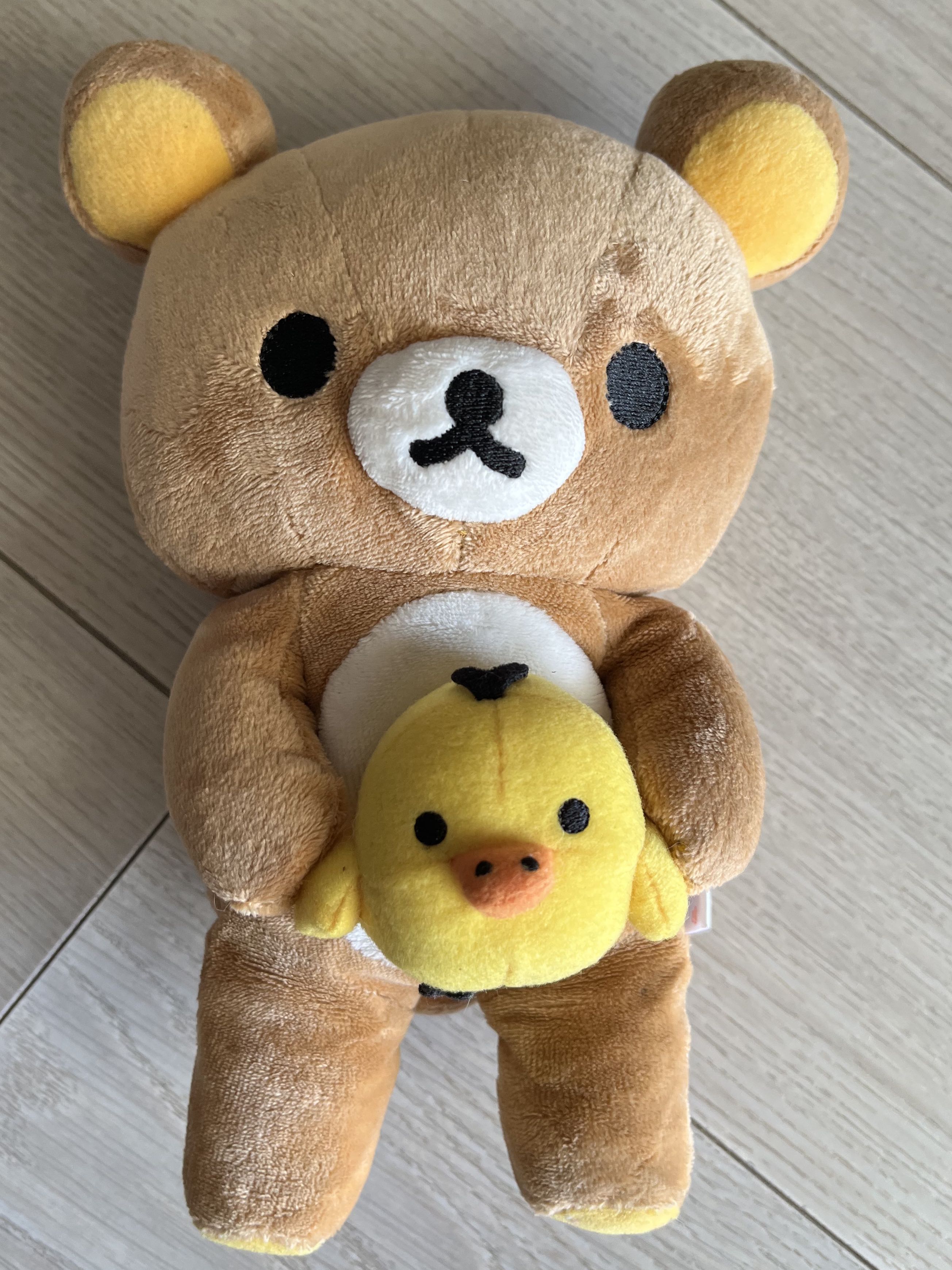 Sanrio Rilakkuma Bear Plushie Stuffed Toy with Chick and Zip pouch at