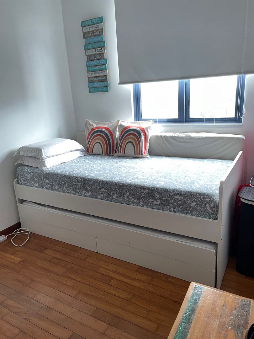 Single bed + pull out bed + 2 mattresses, Furniture & Home Living, Furniture, Bed Frames