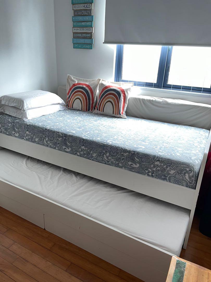 Single bed + pull out bed + 2 mattresses, Furniture & Home Living, Furniture, Bed Frames