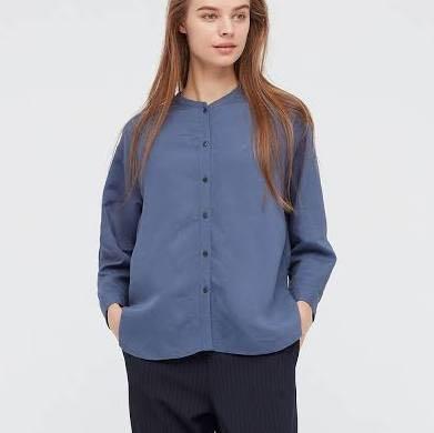 LINEN BLEND BAND COLLAR 3/4 SLEEVE SHIRT