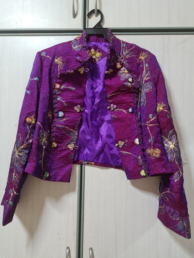Women's Vintage Purple Silk Velvet Tang Jacket With Mandarin Collar M