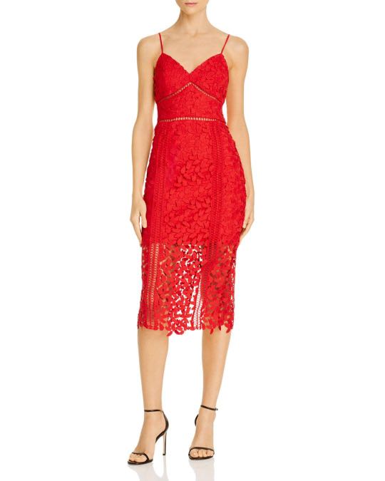 Bardot Red Floral Lace Bodycon Midi Dress with Cami Straps, Women's ...