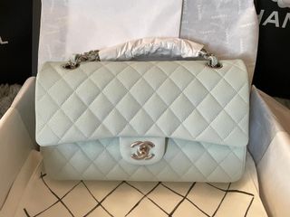 BNIB 22C Chanel Classic Flap Medium in Mint Blue (Caviar) Silver