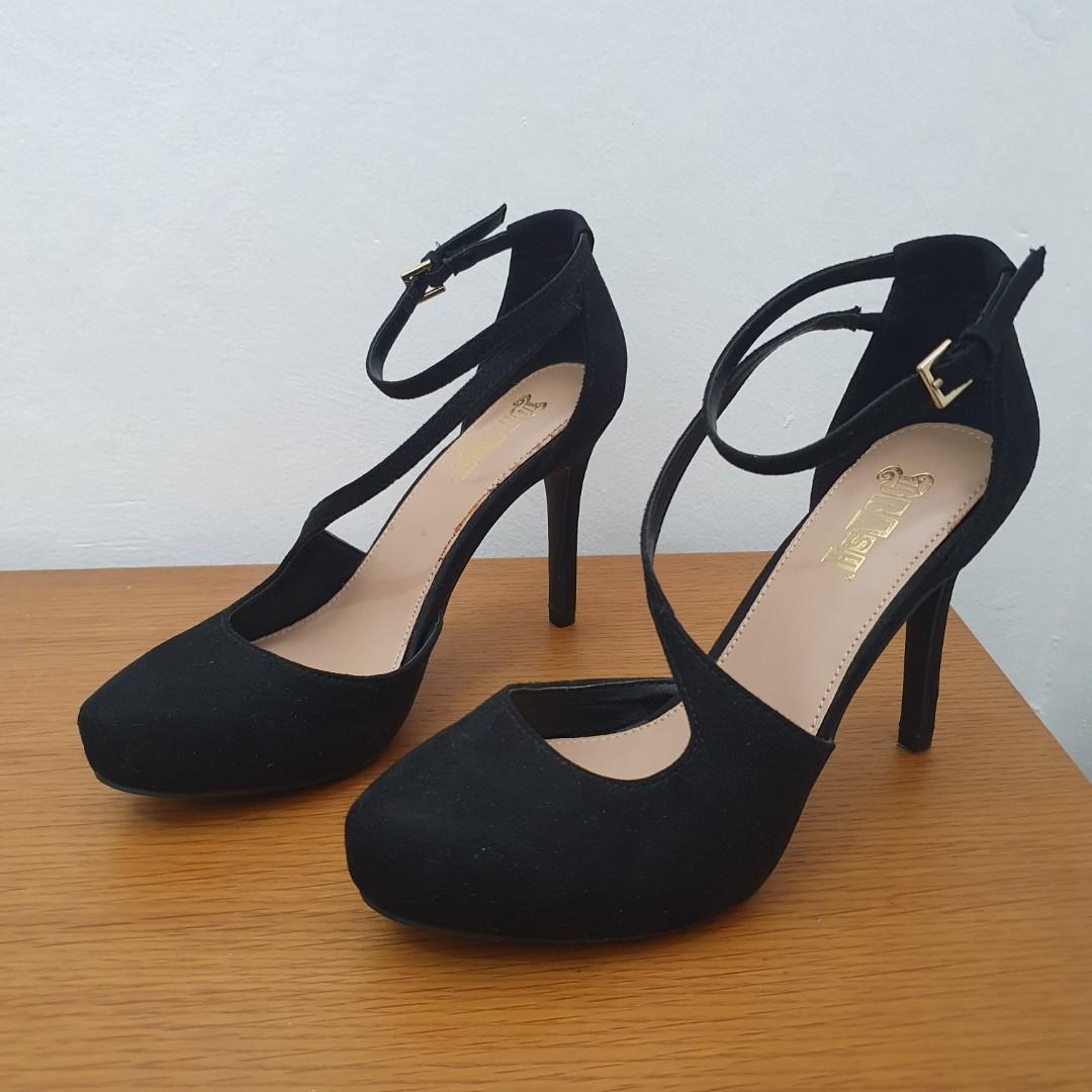 BRASH black suede ankle strap sexy heels