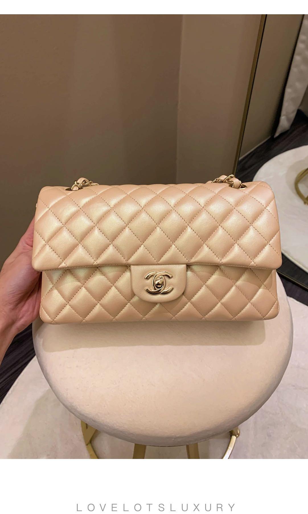 Chanel 21S Classic Quilted Medium Double Flap Iridescent Pearl Beige  Calfskin LGHW, Luxury, Bags & Wallets on Carousell