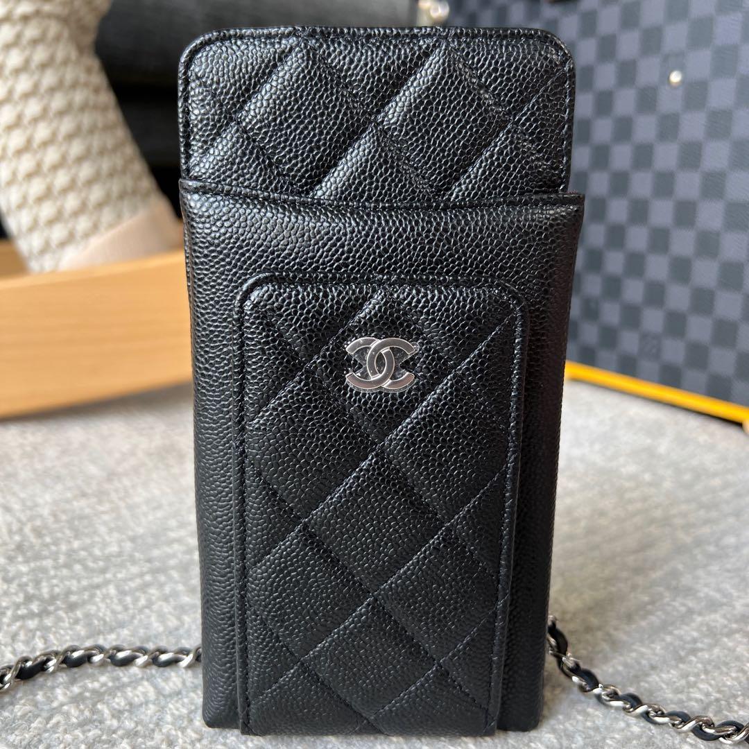 Chanel Phone Holder / Wallet with Chain in Black Caviar and LGHW