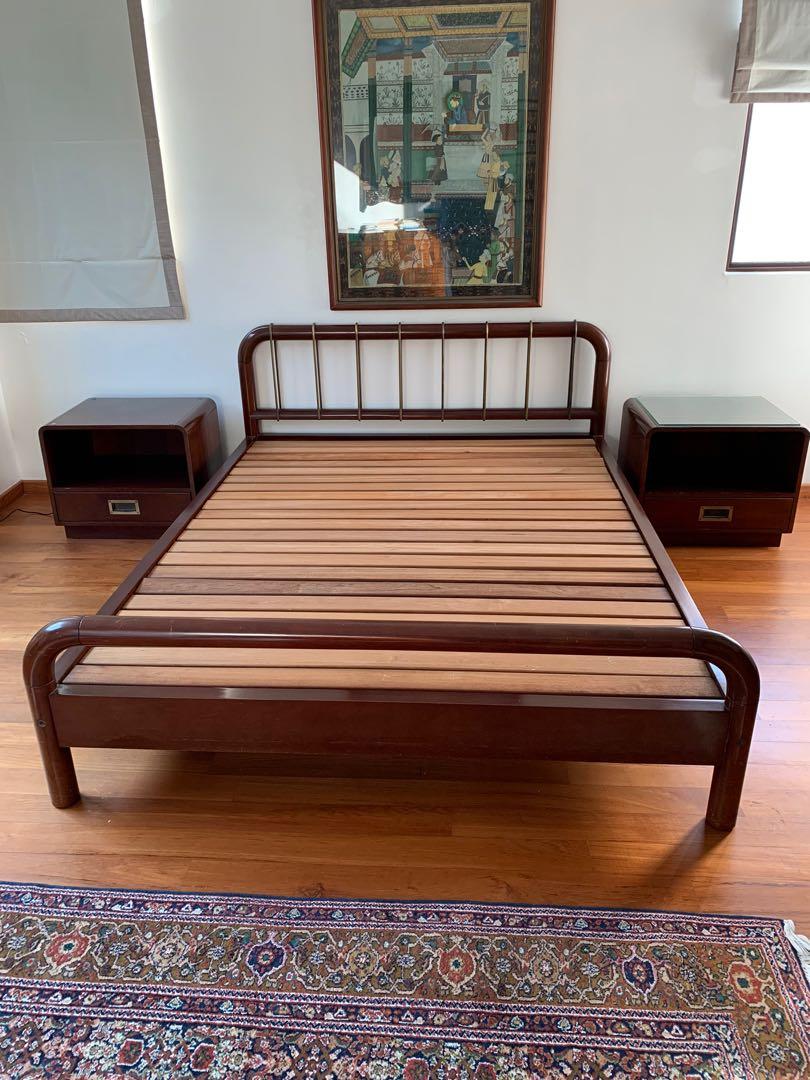 Mahogany Solid Wood Queen Bed with 2 Side Tables, Furniture & Home