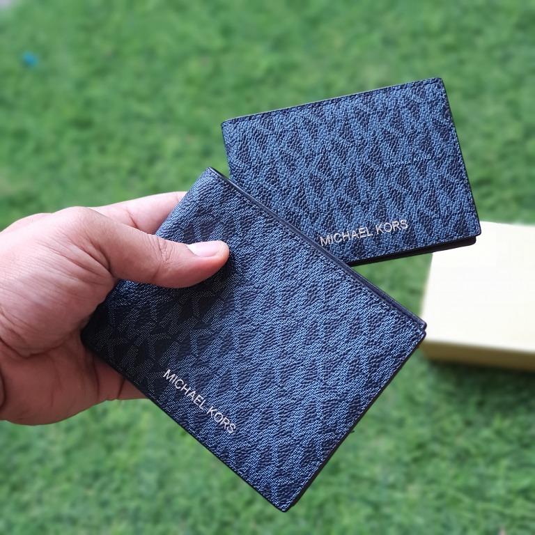Michael Kors Jet Set Bifold Men s Monogram Leather Wallet With Card Case Navy Blue