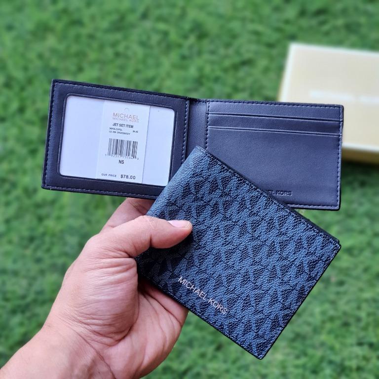Monogram Print and Leather Card Case in Navy - Men